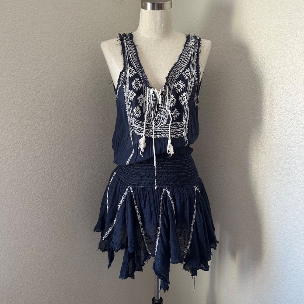 FP One Lace Up Mini Dress Navy Blue Boho Sleeveless Embroidered Smocked Waist Ha